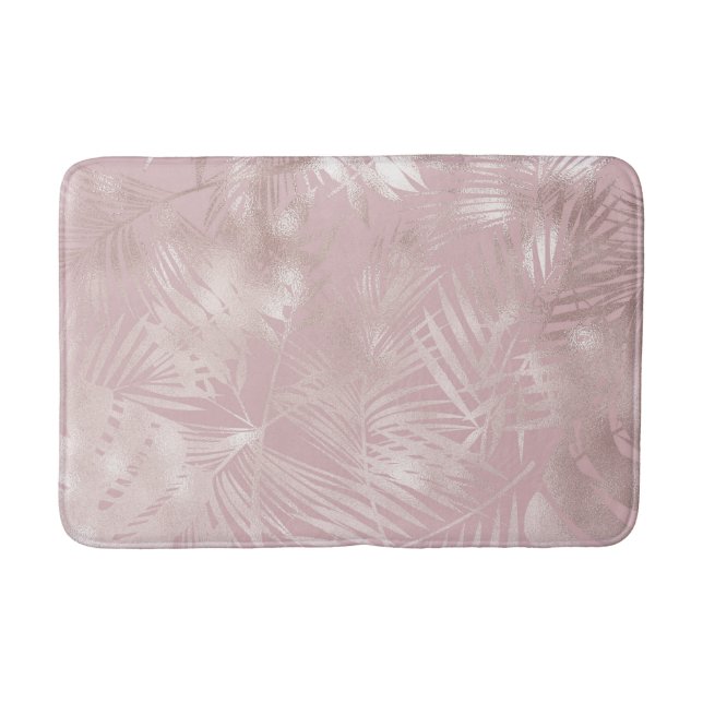 Rose Gold Pink Botanical Tropical Palm Tree Leaves Bath Mat (Front)