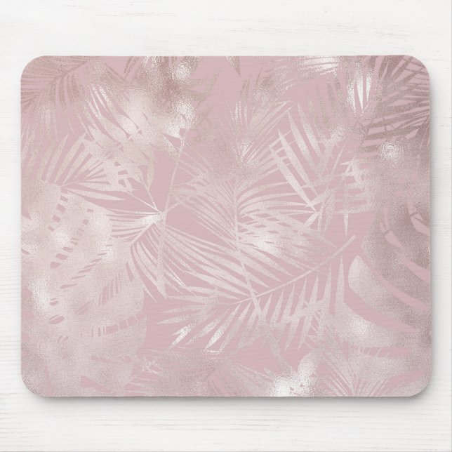Rose Gold Pink Botanical Tropical Palm Tree Leaves Mouse Mat (Front)
