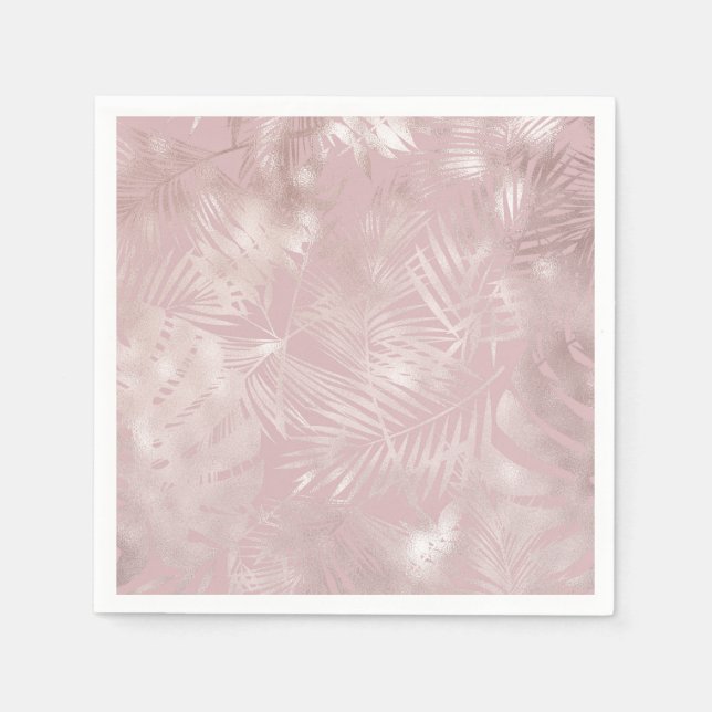 Rose Gold Pink Botanical Tropical Palm Tree Leaves Napkin (Front)
