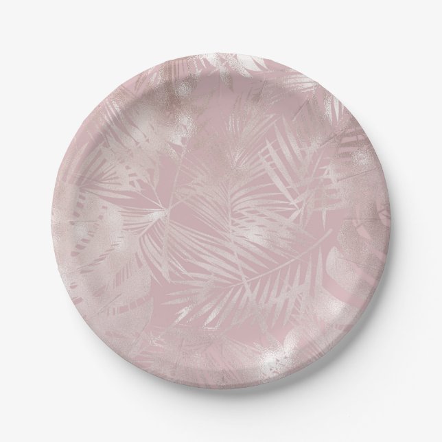 Rose Gold Pink Botanical Tropical Palm Tree Leaves Paper Plate (Front)