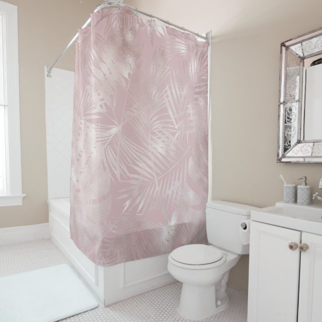 Rose Gold Pink Botanical Tropical Palm Tree Leaves Shower Curtain (In Situ)
