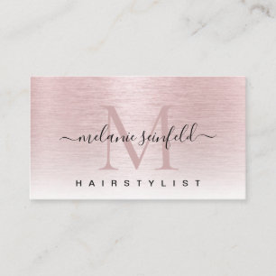 Rose Gold Pink Brushed Metal Elegant Monogram Business Card