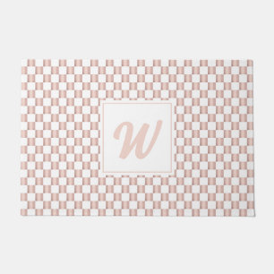 Rose Gold Pink Chequerboard Pattern Monogram Doormat