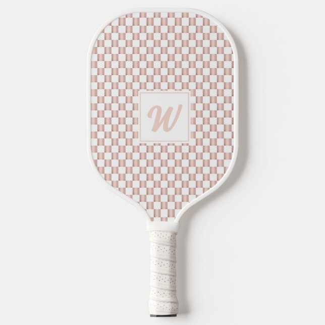 Rose Gold Pink Chequerboard Pattern Monogram  Pickleball Paddle (Front)