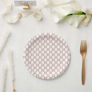 Rose Gold Pink Chequerboard Pattern  Paper Plate