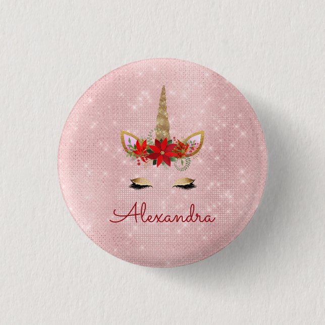 Rose Gold Pink Christmas Unicorn Monogram 3 Cm Round Badge (Front)