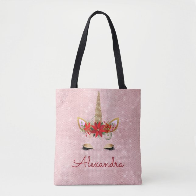 Rose Gold Pink Christmas Unicorn Monogram Tote Bag (Front)