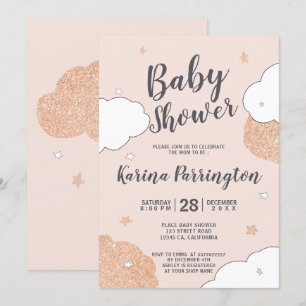 Rose gold pink clouds stars girl baby shower invitation