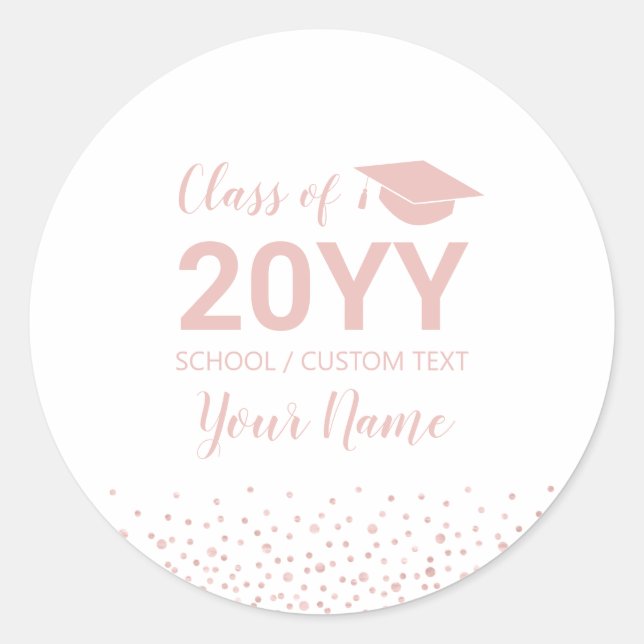 Rose Gold / Pink Confetti Graduation Party Favour Classic Round Sticker (Front)