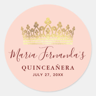 Rose Gold Pink Crown Elegant Name Quinceanera Classic Round Sticker