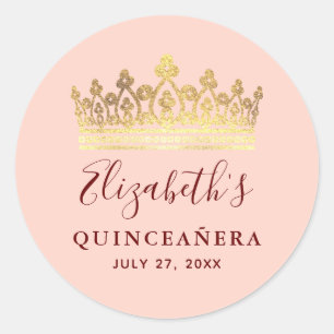 Rose Gold Pink Crown Elegant Name Quinceanera Classic Round Sticker