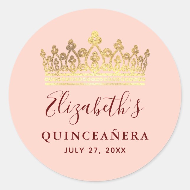 Rose Gold Pink Crown Elegant Name Quinceanera Classic Round Sticker (Front)