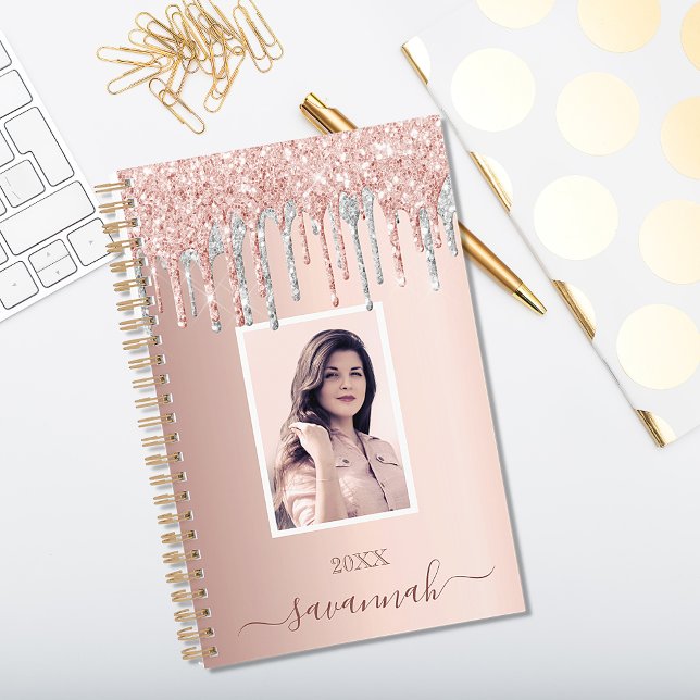 Rose gold pink custom photo silver drips 2025 planner (Creator Uploaded)
