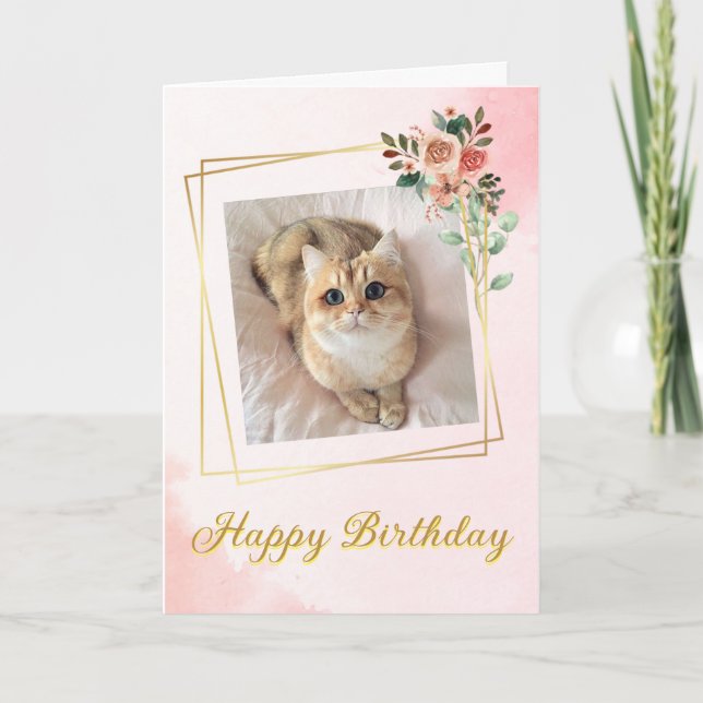 Rose Gold & Pink Cute Cat Birthday Card (Front)
