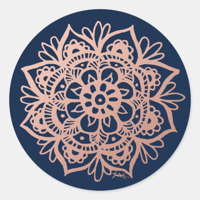 Rose Gold Pink Dark Blue Mandala Flower Classic Round Sticker (Front)