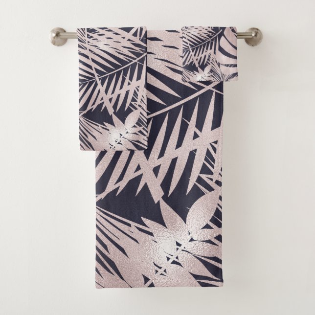 Rose Gold Pink Dark Tropical Palm Tree Leaves Bath Towel Set (Insitu)