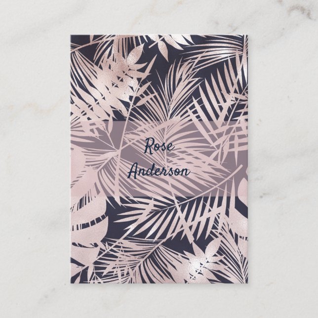 Rose Gold Pink Dark Tropical Palm Tree Leaves Business Card (Front)