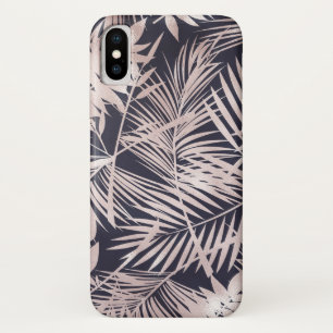 Rose Gold Pink Dark Tropical Palm Tree Leaves iPhone X Case