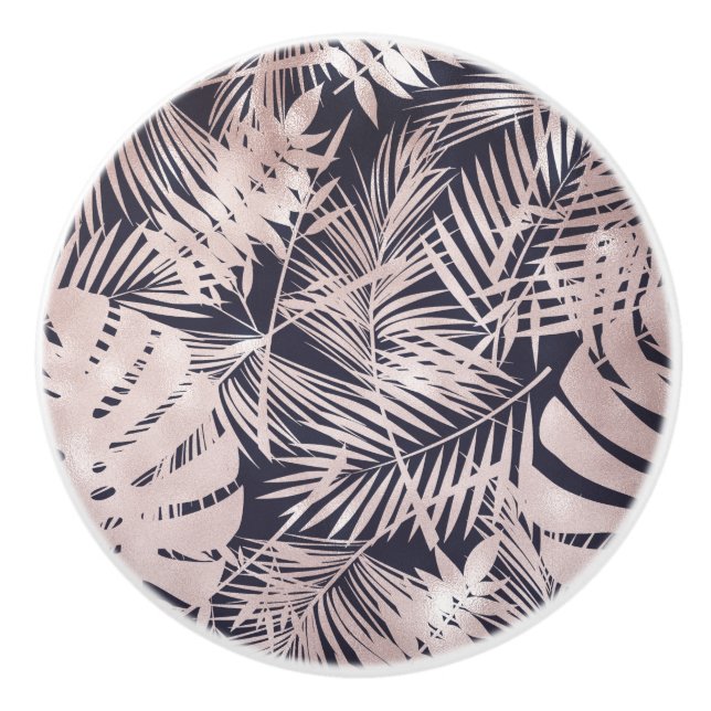 Rose Gold Pink Dark Tropical Palm Tree Leaves Ceramic Knob (Front)