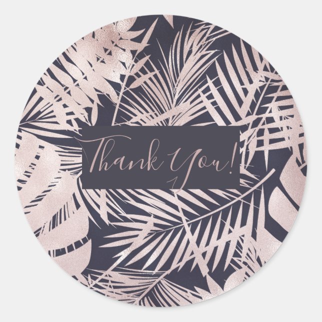 Rose Gold Pink Dark Tropical Palm Tree Leaves Classic Round Sticker (Front)