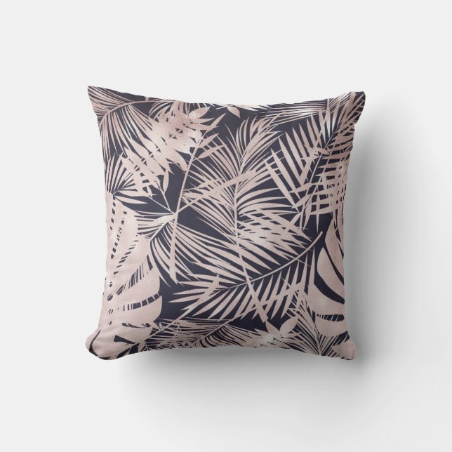 Rose Gold Pink Dark Tropical Palm Tree Leaves Cushion (Front)
