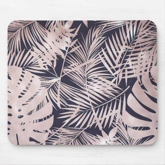 Rose Gold Pink Dark Tropical Palm Tree Leaves Mouse Mat (Front)
