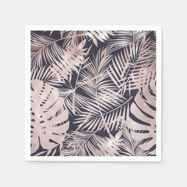 Rose Gold Pink Dark Tropical Palm Tree Leaves Napkin (Front)