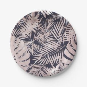 Rose Gold Pink Dark Tropical Palm Tree Leaves Paper Plate