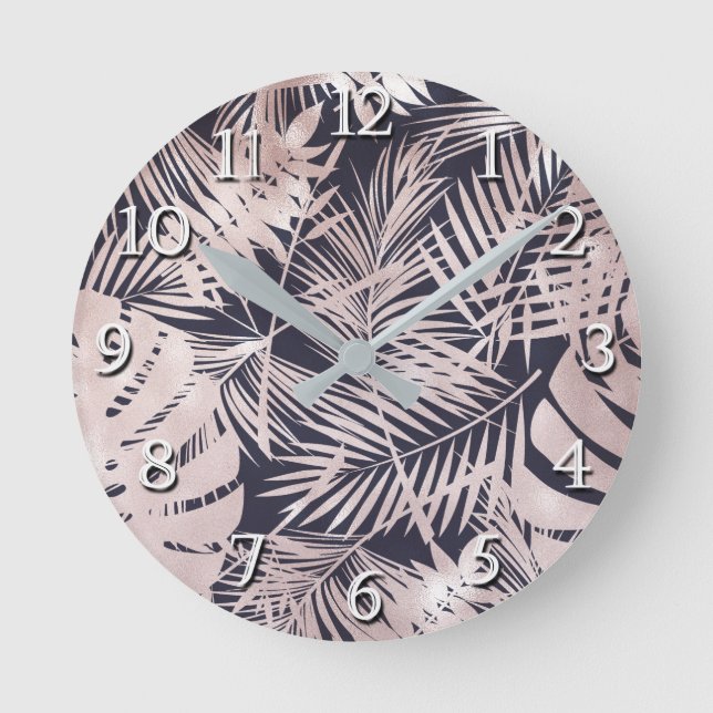 Rose Gold Pink Dark Tropical Palm Tree Leaves Round Clock (Front)