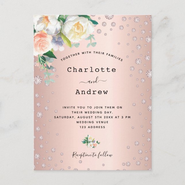 Rose gold pink diamonds floral glamourous wedding postcard (Front)