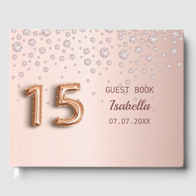 Rose gold pink diamonds Quinceanera Guest Book (Front)