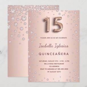 Rose gold pink diamonds Quinceanera Invitation