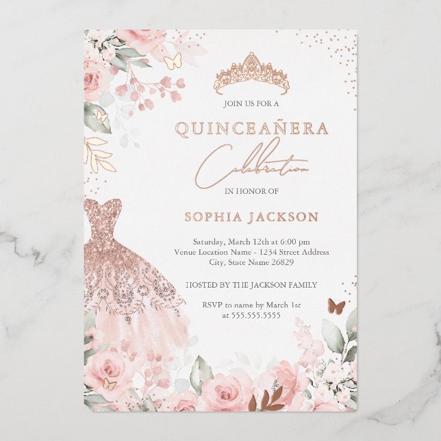 Rose Gold Pink Dress Floral Quinceanera  (Front)