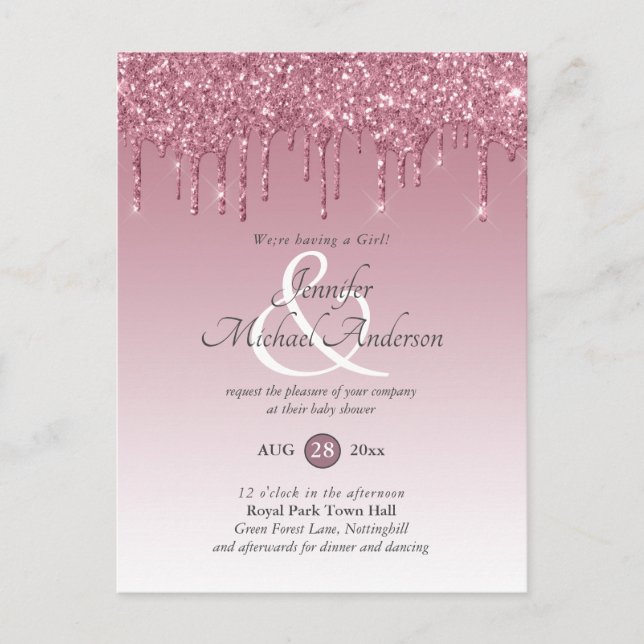 Rose Gold Pink Dripping Glitter Baby Girl Shower Postcard (Front)