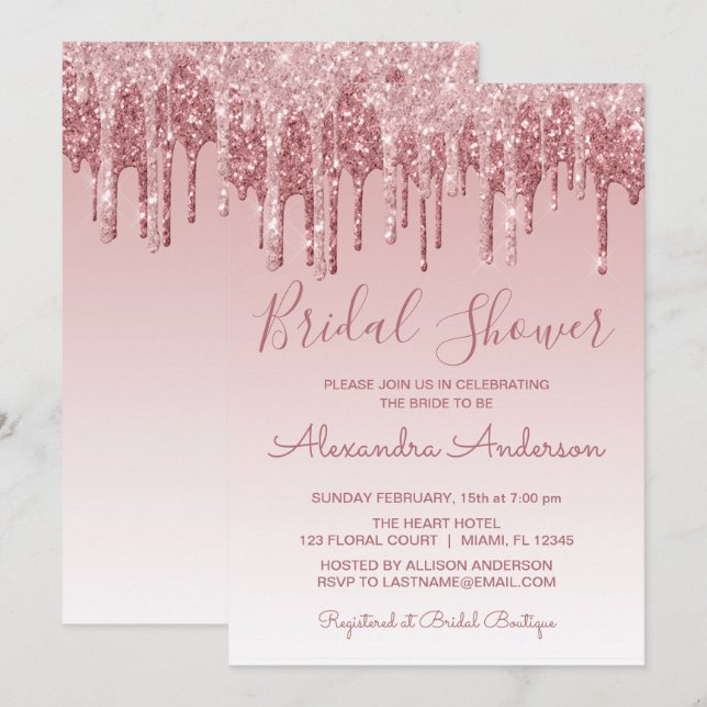Rose Gold Pink Dripping Glitter Bridal Shower Invitation (Front/Back)