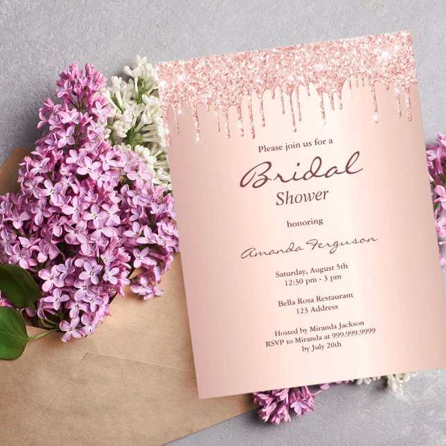 Rose gold pink drips bridal shower invitation postcard (Creator Uploaded)