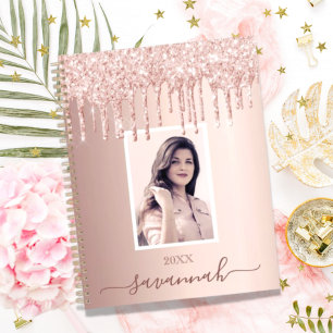 Rose gold pink drips custom photo name 2025 planner
