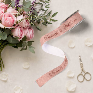 Rose Gold Pink Elegant Calligraphy Glitter Wedding Satin Ribbon