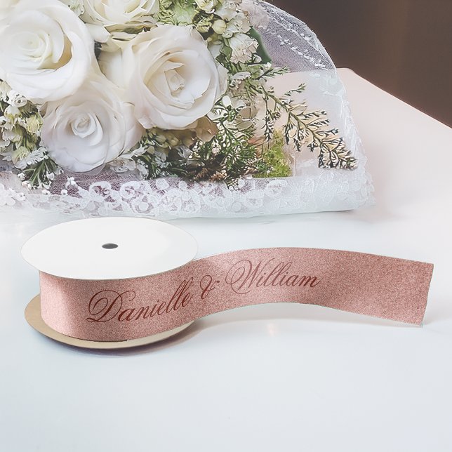 Rose Gold Pink Elegant Calligraphy Glitter Wedding Satin Ribbon (Creator Uploaded)