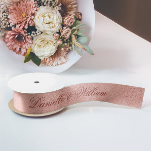 Rose Gold Pink Elegant Calligraphy Glitter Wedding Satin Ribbon