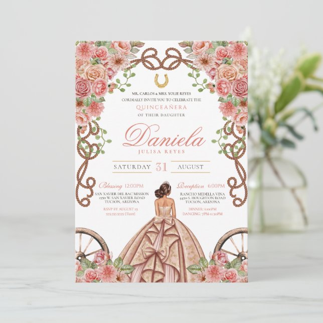 Rose Gold Pink Elegant Western Charra Quinceanera Invitation (Standing Front)