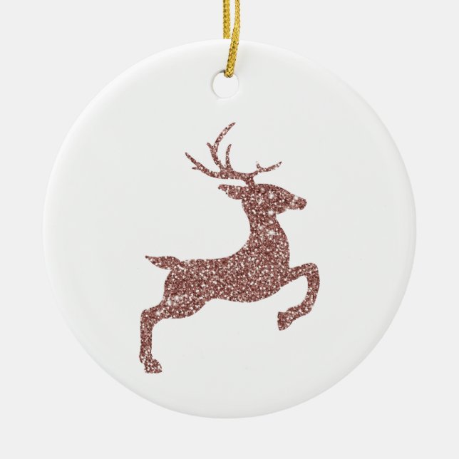 Rose Gold Pink Faux Glitter Look Jumping Deer Ceramic Tree Decoration (Front)