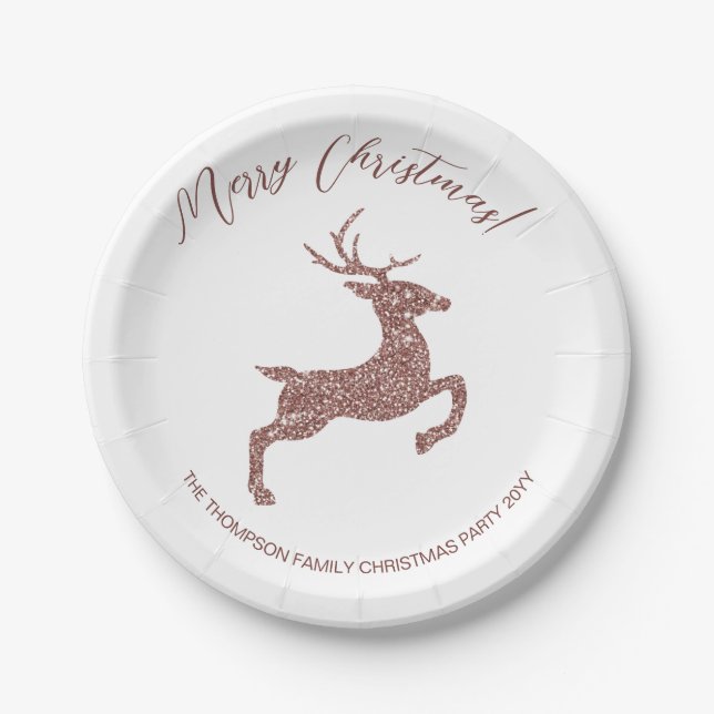 Rose Gold Pink Faux Glitter Look Jumping Deer Paper Plate (Front)
