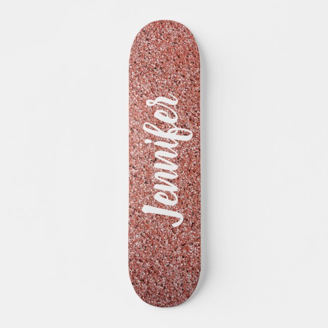 Rose Gold Pink Faux Glitter Personalised Skateboard (Front)