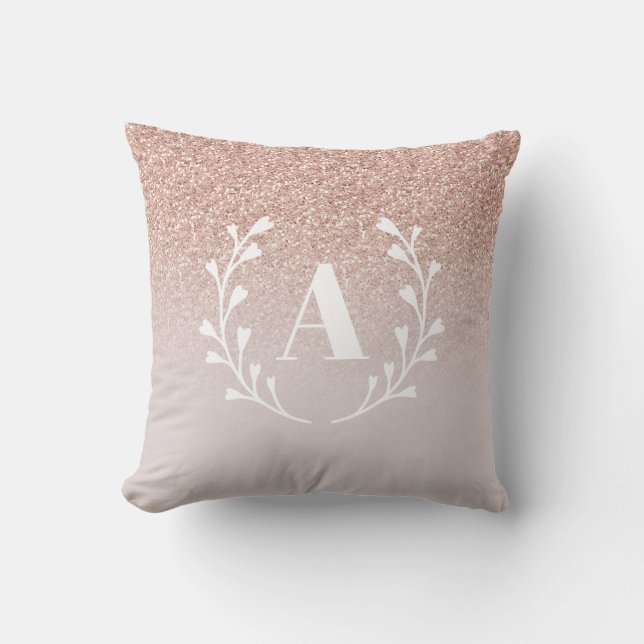 Rose Gold Pink Faux Glitter Wreath Custom Monogram Cushion (Front)