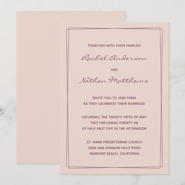 Rose Gold Pink / Fig Ink Wedding Invitations (Front/Back)