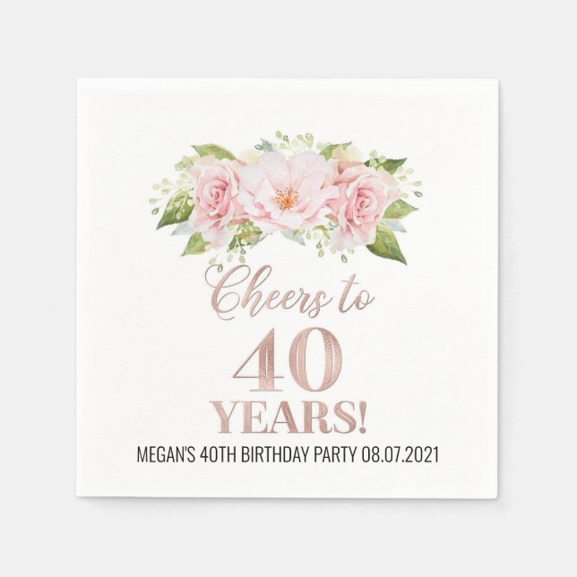 Rose Gold Pink Floral Cheers to 40 Years Birthday Napkin (Front)