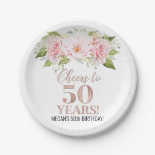 Rose Gold Pink Floral Cheers to 50 Years Birthday Paper Plate