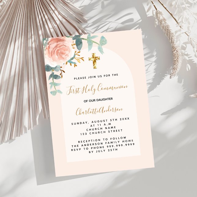 Rose gold pink floral cross luxury First Communion Invitation (Creator Uploaded)
