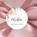 Rose gold pink floral eucalyptus thank you classic round sticker<br><div class="desc">A stylish white background. Decorated with green watercolored rose gold and blush pink floral,  rose,  eucalyptus leaves,  sprigs,  greenery,  faux gold leaves.  Personalise and add your first name,  monogram initials and full name. Perfect for birthday favours,  a bridal shower or baby shower.</div>